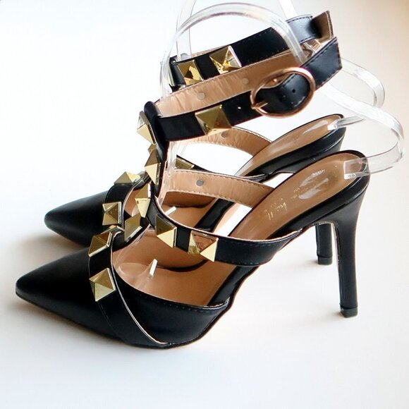 Nicole Miller Selty Black & Gold Pointy Toe Studded Heels / Pumps / Sandals 6.5 - Picture 10 of 16